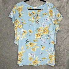 Counterparts XL Top Shirt Blue Floral Flower Cap Short Sleeve Keyhole Scoop Neck