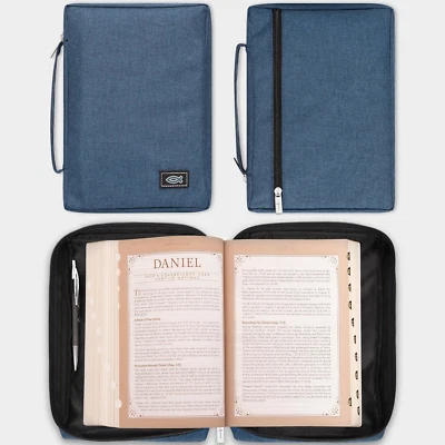 CHRISTIAN ART GIFTS Bible Cover for Men/Women, Jesus Fish Design, Blue Canvas, Small Size