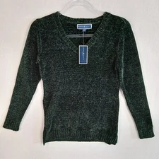 Karen Scott Petite Long Sleeve Chenille V-Neck Sweater Size PS Forest Green NWT