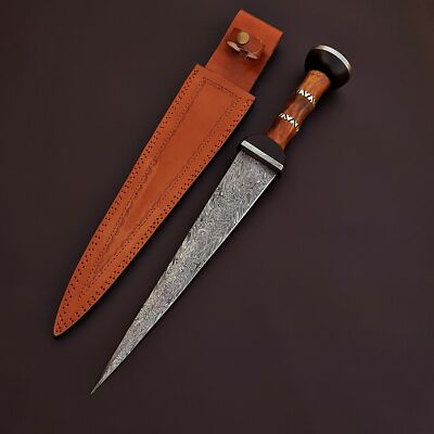 HANDMADE DAMASCUS STEEL TOOTHPICK STYLE DAGGER KNIFE WITH LEATHER SHEATH