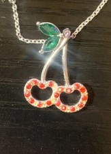 Silver Tone Chain Necklace Cherries with Rhinestones Red Green