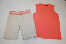 Boys ORANGE SLEEVELESS MUSCLE T-SHIRT Beige Woven Shorts, Pockets SIZE M 8