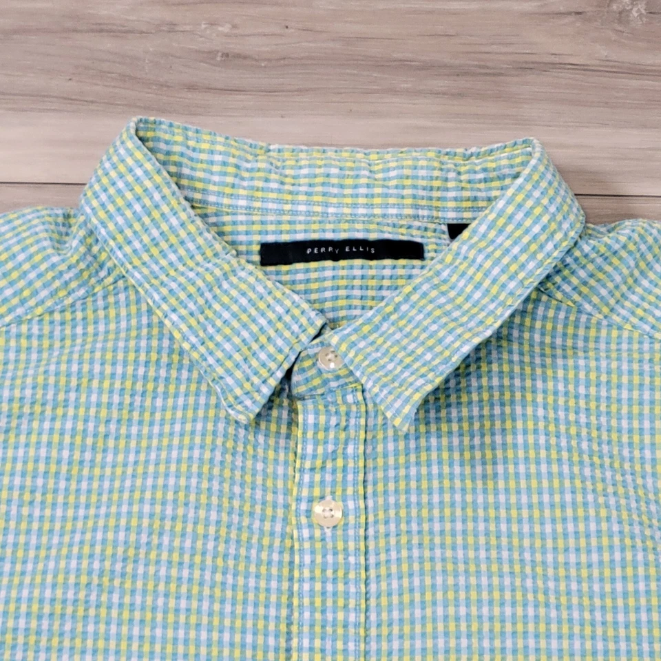 Perry Ellis Shirt Men's 2X Green Plaid Short Sleeve Casual - Image 3 of 4