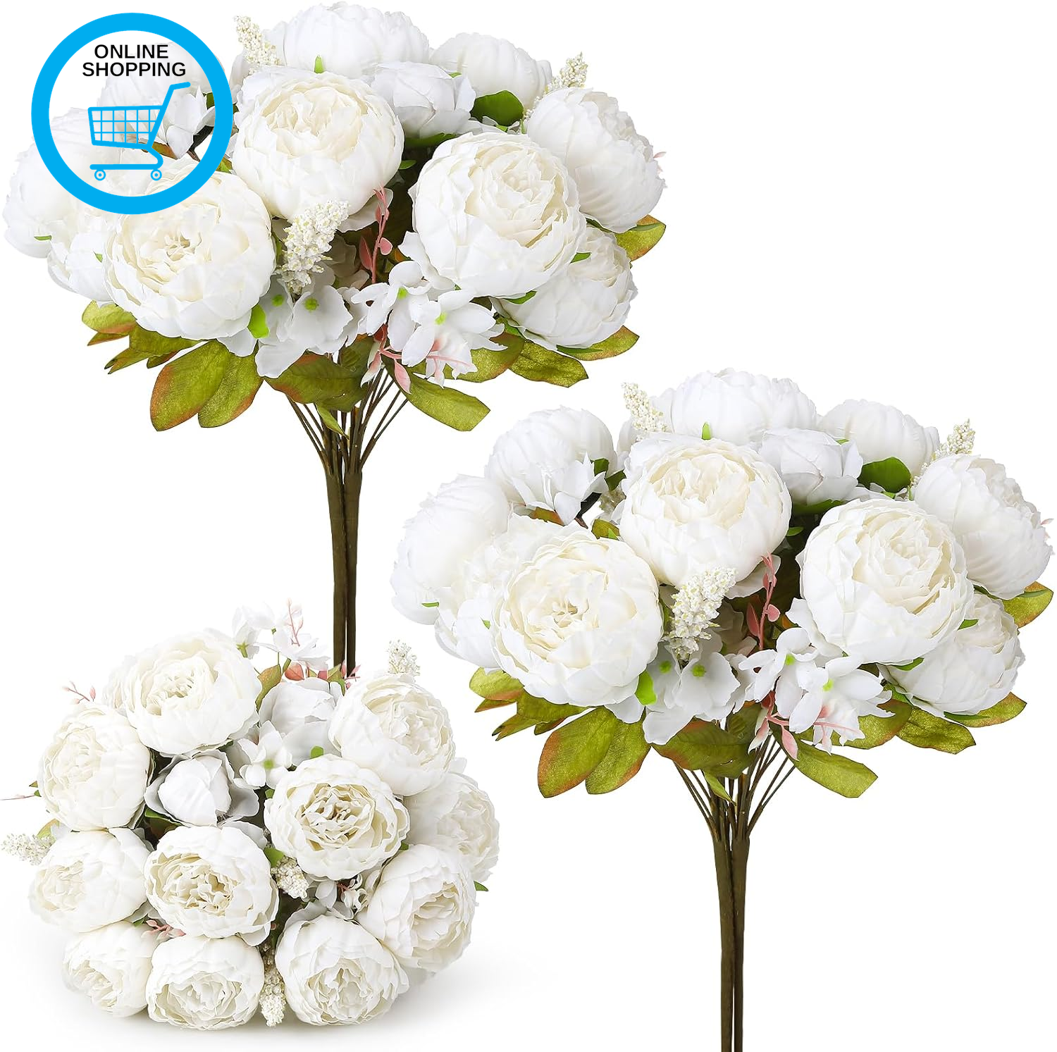 2 Pack Artificial Peony Bouquets, Silk Flower White Peonies | Vintage Look Real