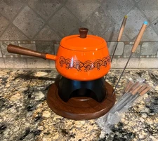 New Vintage 1970 Gailstyn Aluminum Fondue Set Orange Mushroom Pattern Forks