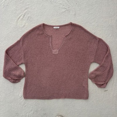 Blu Pepper 3/4 Sleeve Sweater Women s Large Dusty Rose Knit Rolled Cuff V-Neck