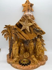 Olive Wood Christmas Nativity Grotto with Musical Star - Christmas Gift 7x6"