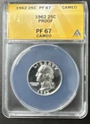 1962 PROOF 90% Silver Washington Quarter ANACS PF-67 CAMEO