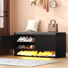 39.4 Fluted Shoe Storage Bench Entryway Bench Linen Seat Cushion LED Light Black