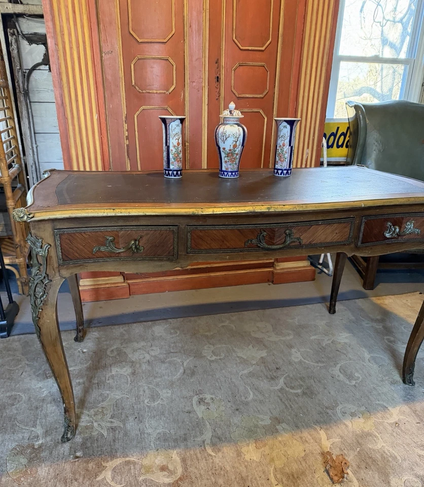 Antique French Louis XV Style Bronze Mounted Leather Top Three Drawer Desk - Image 2 of 4
