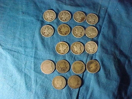 17 US Vintage SILVER COINS-MERCURY Head + BARBER DIMES