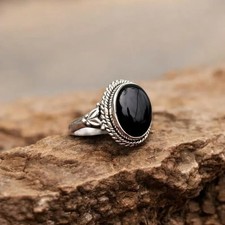 Black Onyx Ring: Handmade 925 Sterling Silver, Bohemian Oval Stone All Size
