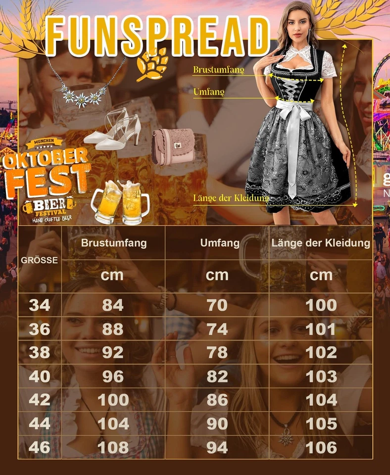 Funspread 2-teilig Trachtenkleid Damen Dirndl Oktoberfest Spitzenschürze 38 - Bild 4 von 4