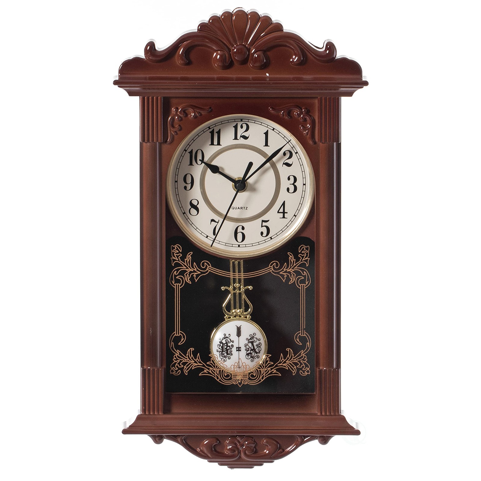Vintage Grandfather-Style Wall Clock Wood-Effect Plastic Pendulum Battery