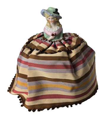 Vintage Porcelain Half Doll Pin Cushion  Striped Skirt 4.5'' Tall