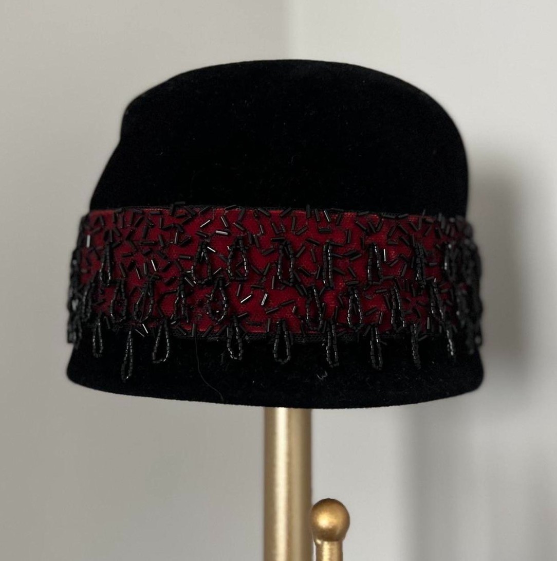 Vintage Black Velvet Beaded Embellished Hat French Made Size 