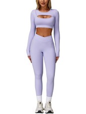 2 Piece Workout Sets for Women Seamless High Waist Leggings Yoga Long Sleeve ...