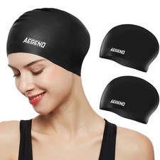 Aegend Swim Caps for Long Hair, Durable One Size, Black  - 2 Pack