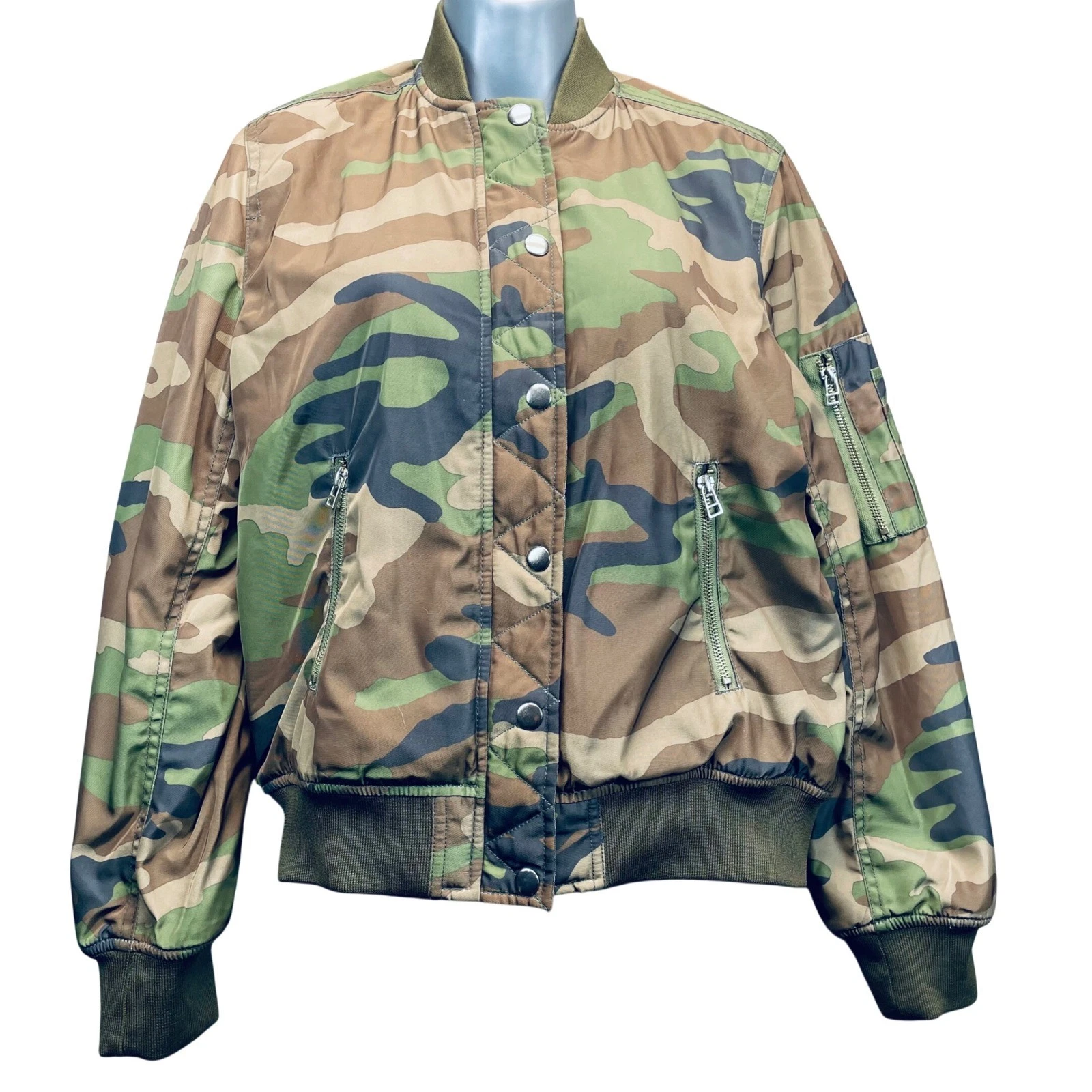 Forever 21 Camouflage Bomber Jacket Orange Lined Zip Pockets Men's Small