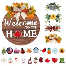 , Interchangeable Welcome Sign for Front Door | 4 Seasonal Wreaths and 20 Cha...