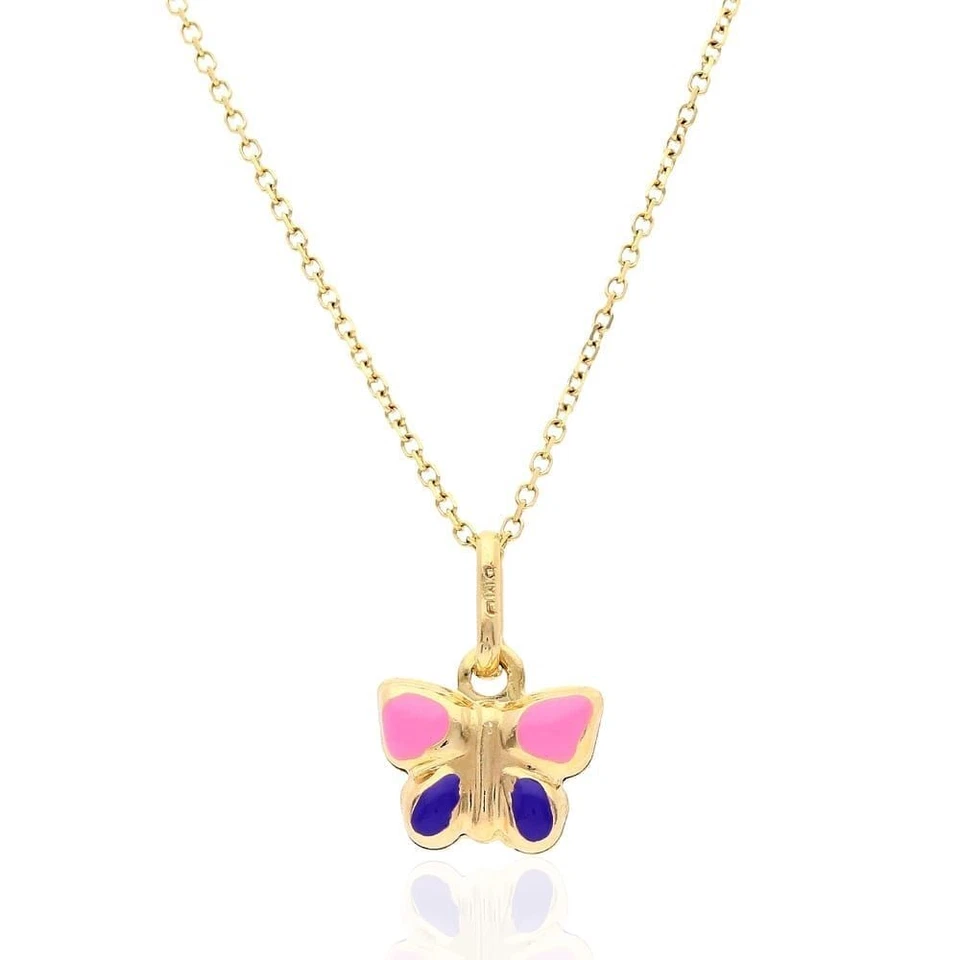 Collar con cable colgante mariposa esmalte rosa púrpura oro amarillo 14K para niños 16-18" Foto 2 de 4