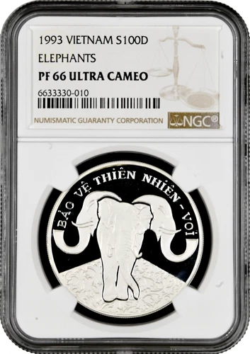 Vietnam 100 dong 1993, NGC PF66 UC, "Natural Protection - Elephant" silver coin