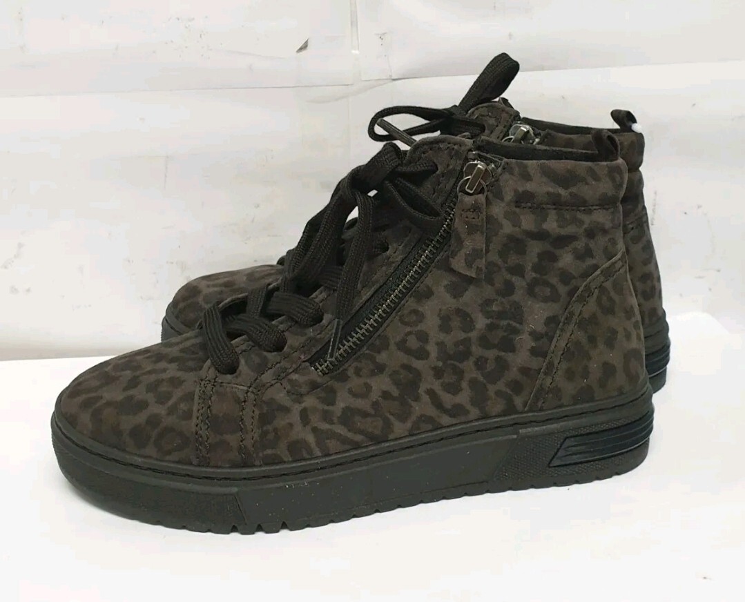 Gabor Vacate Wide Fit Leopard Print Leather Trainer Grey Size UK