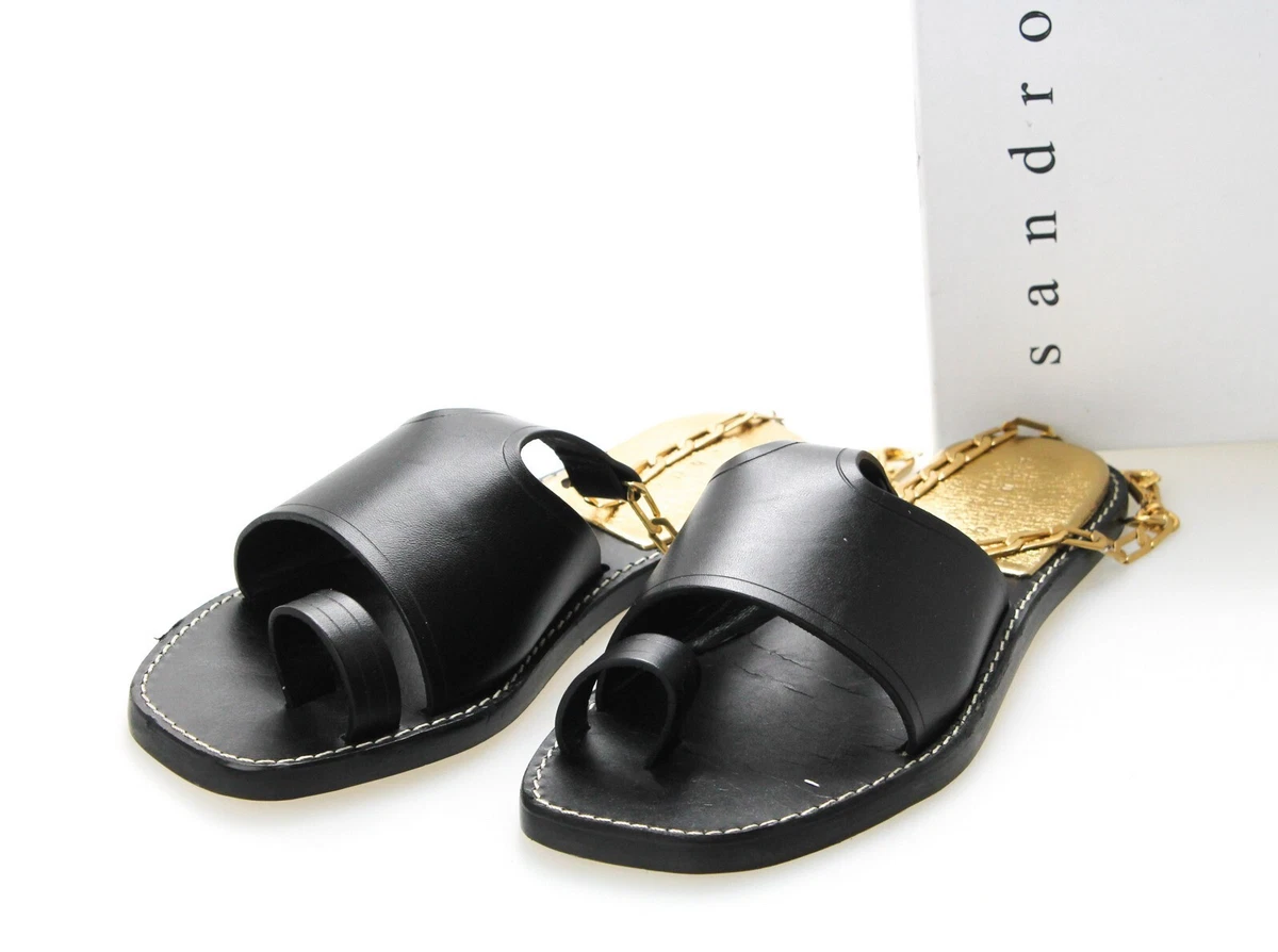 Sandro Parma Chaussures Femmes Ue 37 UK 4 Cuir Plat Sandales Or Cha ne Noir