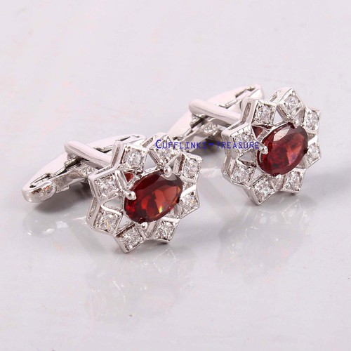 Natural Garnet & CZ Gemstones with 925 sterling silver Cufflinks For Men's #223 - Picture 6 of 6