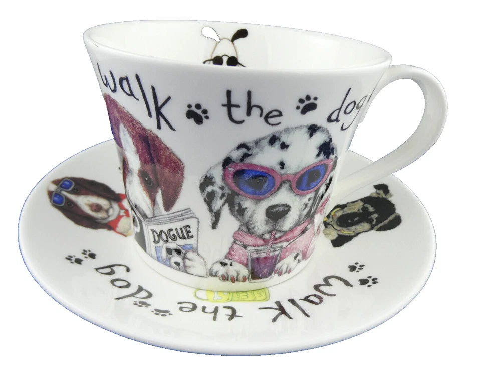 PLATILLO TAZA DESAYUNO PASEO PERRO, porcelana de hueso fino, hecho en Inglaterra por ROY KIRKHAM Foto 2 de 4