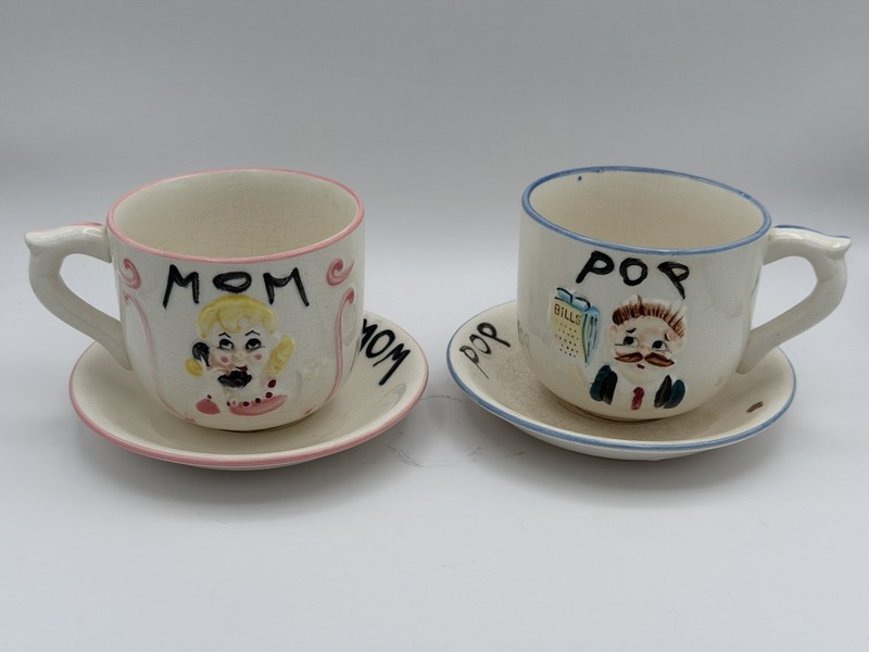Centennial Novelty Mom Pop Ceramic Cup Saucer 4 Piece Set LA Japan Vintage