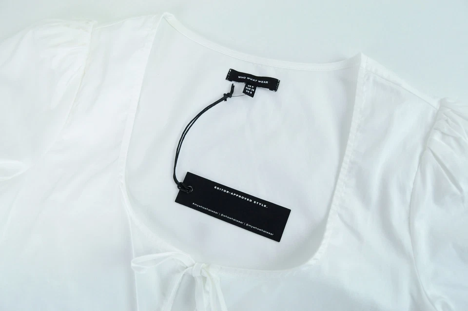 WHO WHAT WEAR Women Blouse S White Short Sleeve Tied Cotton Puff Round Neck - Image 3 of 4
