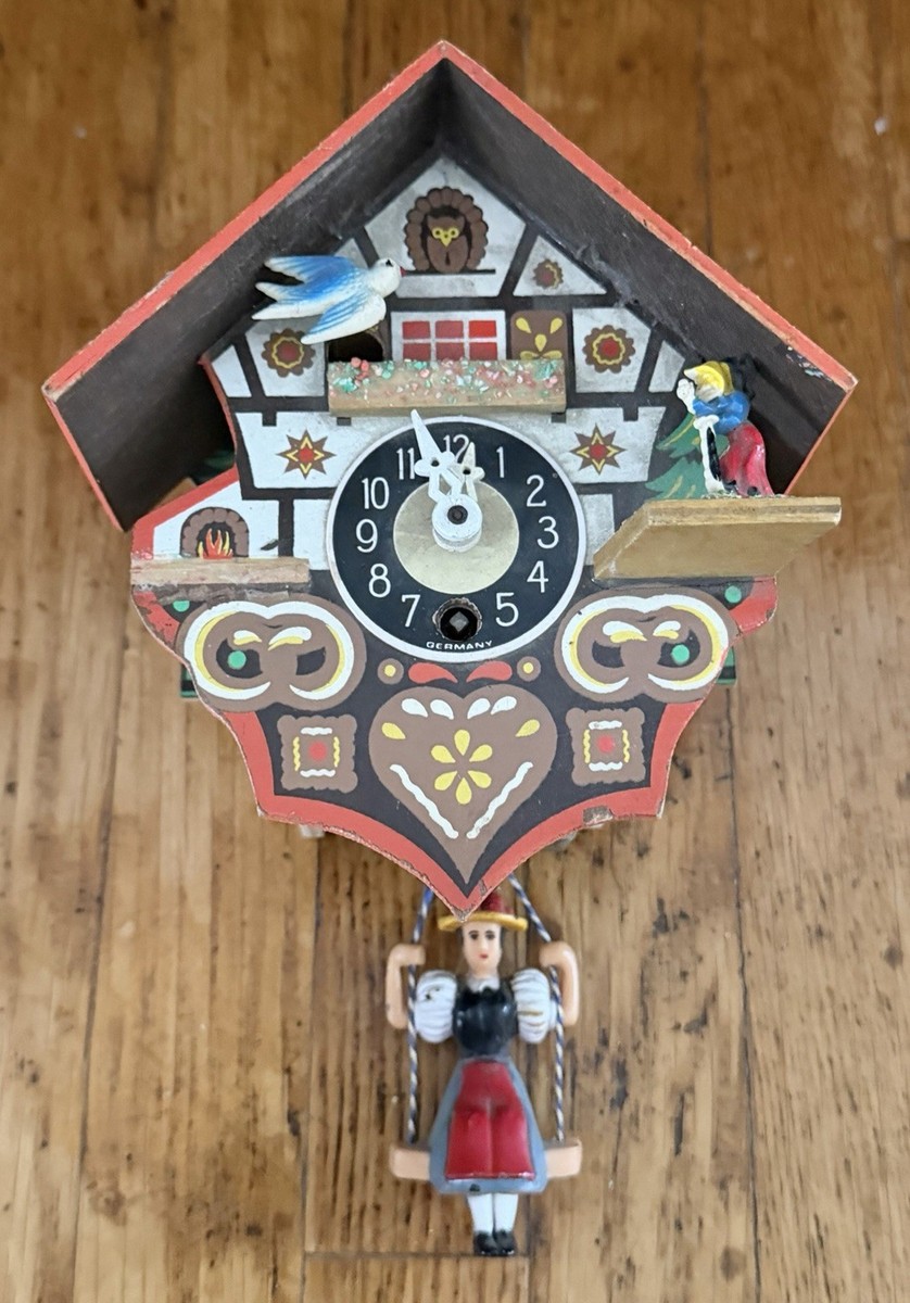 Vintage Miniature Cuckoo Clock with Girl on Bouncy Swing Germany
