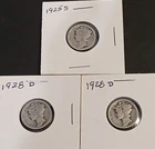 Lot of 3 Mercury Dimes 2 - 1928 D and 1 - 1925 S 90% SILVER