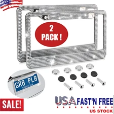 2PCS Bling License Plate Frame Glitter Crystal Sparkling Rhinestone Diamond Caps