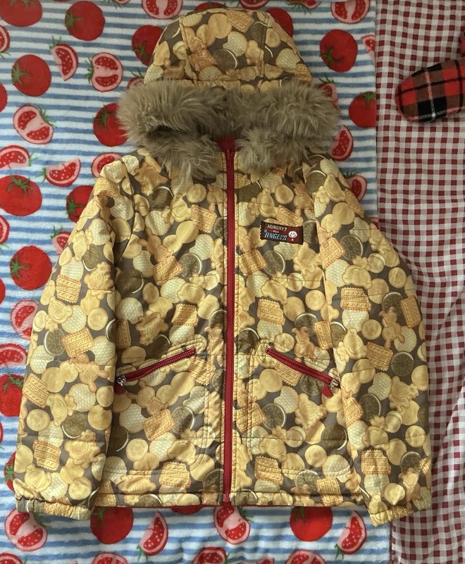 Angel Blue Girls Reversible Puffer Jacket Red Cookie Print Hood Faux Fur