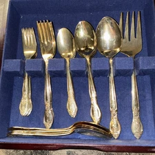 International Silver Co Stainless Gold Plated Flatware 46 pc Set w/ Case