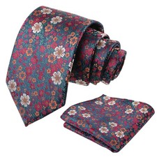 Mens Floral Necktie With Pocket Square Wedding Party Handkerchief Set