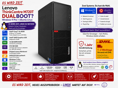 Lenovo M720t PC 4,1GHz i5 16GB 8th 512GB SSD USB-C  Linux DualBoot Win11?