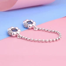 New 100% 925 Sterling Silver Beads Pavé Safety Chain Charm Clear CZ Gift
