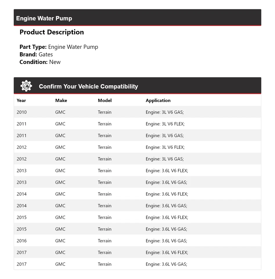 Puertas de bomba de agua para motor de terreno GMC 2010-2017 2011 2012 2013 2014 2015 2016 Foto 2 de 4