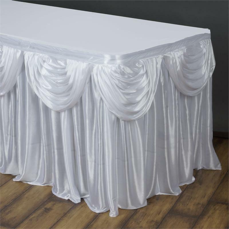 17FT White Pleated Satin Ranking TOP9 Double Table Linen Skirt Wedding Drape High material