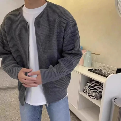Men Full Zipper Pocket Cardigan Coat Sweater Cardigan Men's Collarless Knitted - Picture 4 of 14