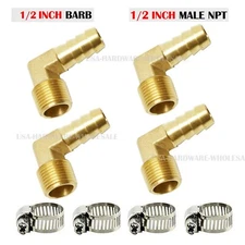 4 Pack 1/2" Hose Barb Elbow X 1/2" MALE NPT Brass Pipe Fitting NPT Thread clamps