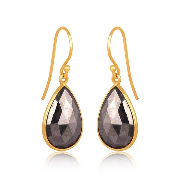 Juego de bisel de piedras preciosas de pirita facetada enchapado en oro amarillo de 18 quilates pendiente de lágrima regalo Foto 3 de 4