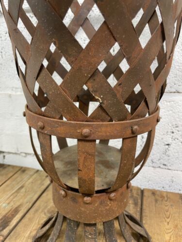 Large Vintage Rustic Heavy Duty Riveted Iron Lattice Garden Planter Urn Fire Pit - Picture 10 of 12