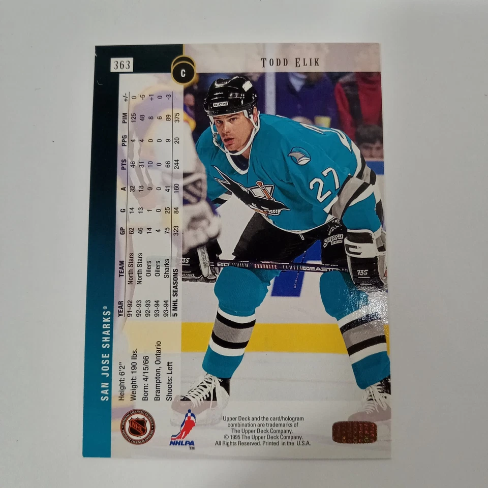 1994-95 Upper Deck Todd Elik #363 San Jose Sharks - Image 2 of 2