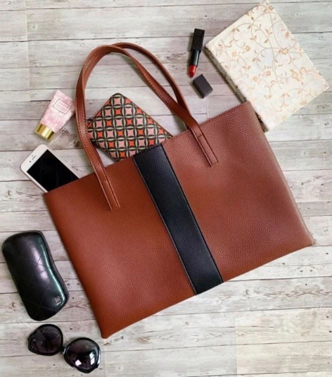 NEW Vince Camuto LUCK Brown & Black Pebbled Vegan Leather Tote Bag Business - Image 4 of 4