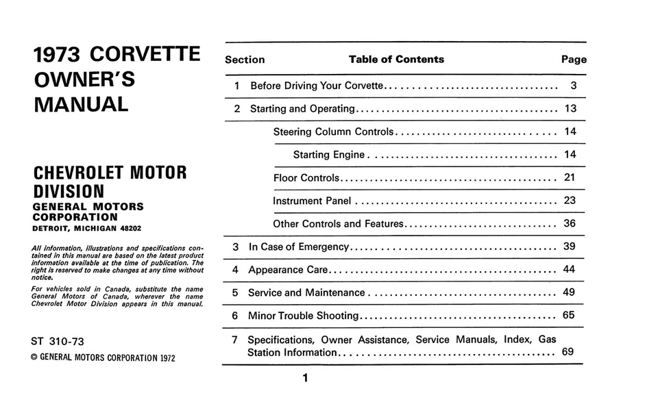 Chevrolet Corvette 1973 manual del propietario Foto 3 de 4