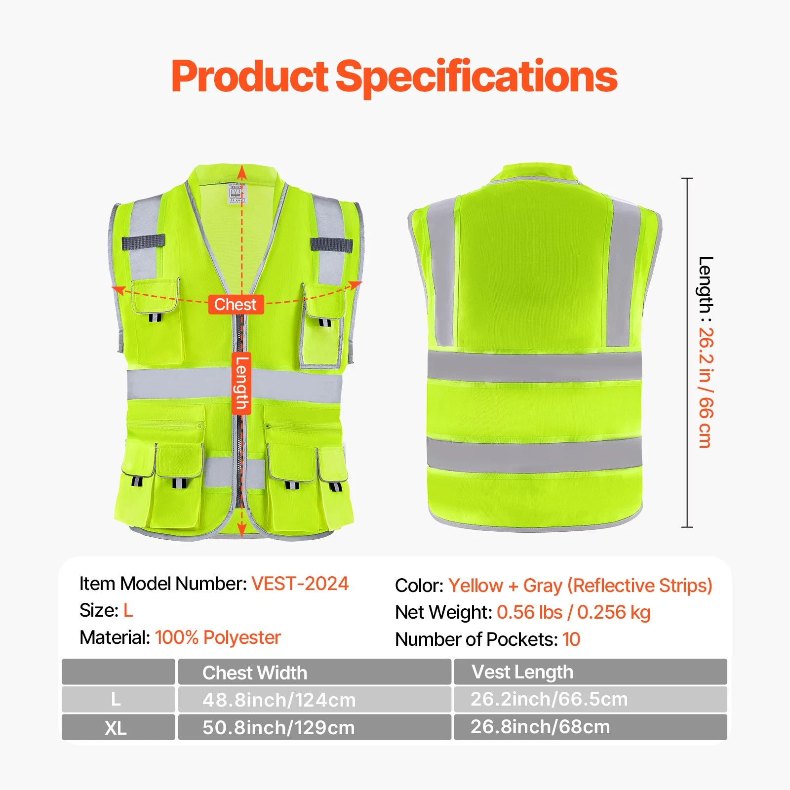 VEVOR Safety Vest Reflective Yellow Work Vest with 10 Pockets for Men & Women - product detail image 7